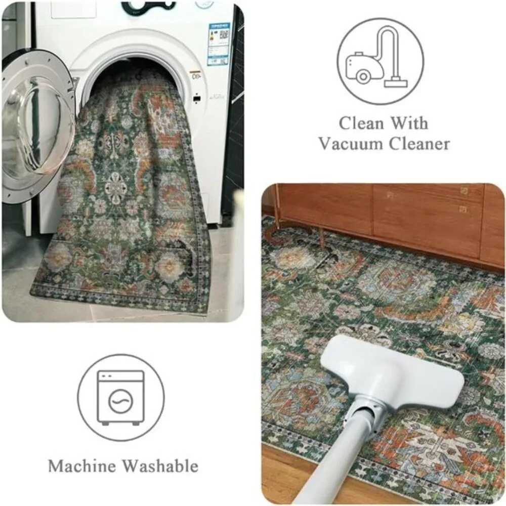 New 5x7 Green Washable Area Rug, Non-Slip Vintage Tribal Carpet for Any Room